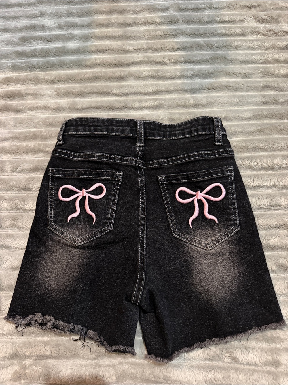 Girls Black Denim Shorts with Pink Bow Embroidery